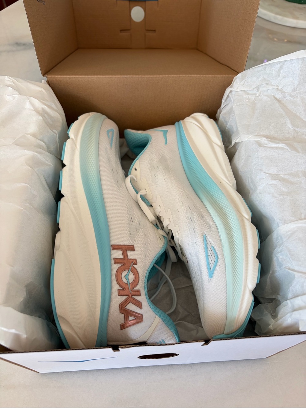 NWT HOKA One One Clifton 9   White frost-rose gold new in box.